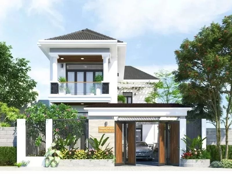 Vẻ ngoài đẹp, hiện đại của thiết kế nhà 2 tầng mái Nhật mặt tiền 10m sâu 15m bố cục chữ L