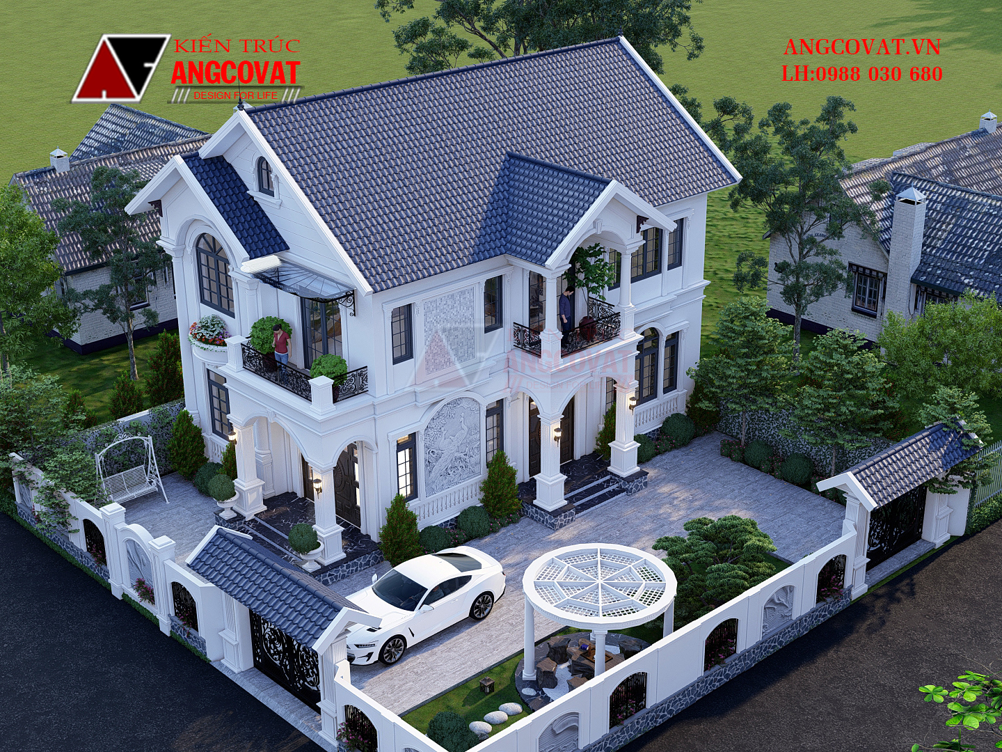 Phối cảnh sân nhà rộng rãi có trang trí tiểu cảnh cây xanh đẹp mắt, thoáng đãng