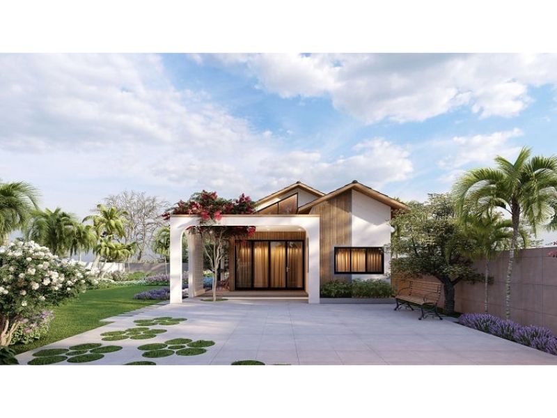 Vẻ ngoài hiện đại ấn tượng của mẫu nhà vườn 1 tầng có gác lửng dưới 1 tỷ