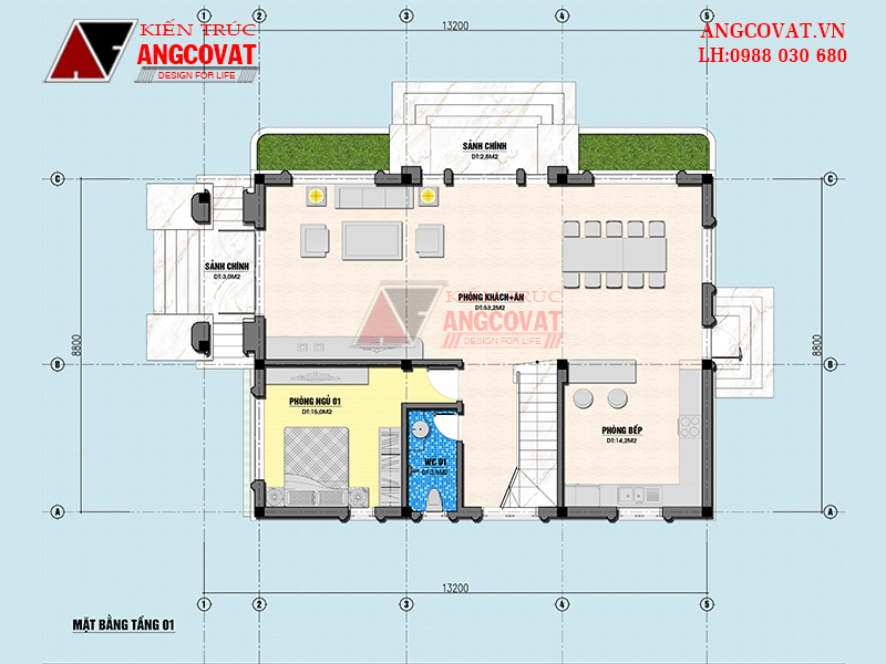 Công năng tầng 1 nhà 8x15m 2 tầng mái Nhật 4 phòng ngủ 1 phòng thờ