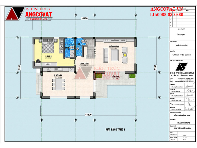 Mặt bằng tầng 1 của ngôi nhà 2 tầng 8x15m mái ngói 