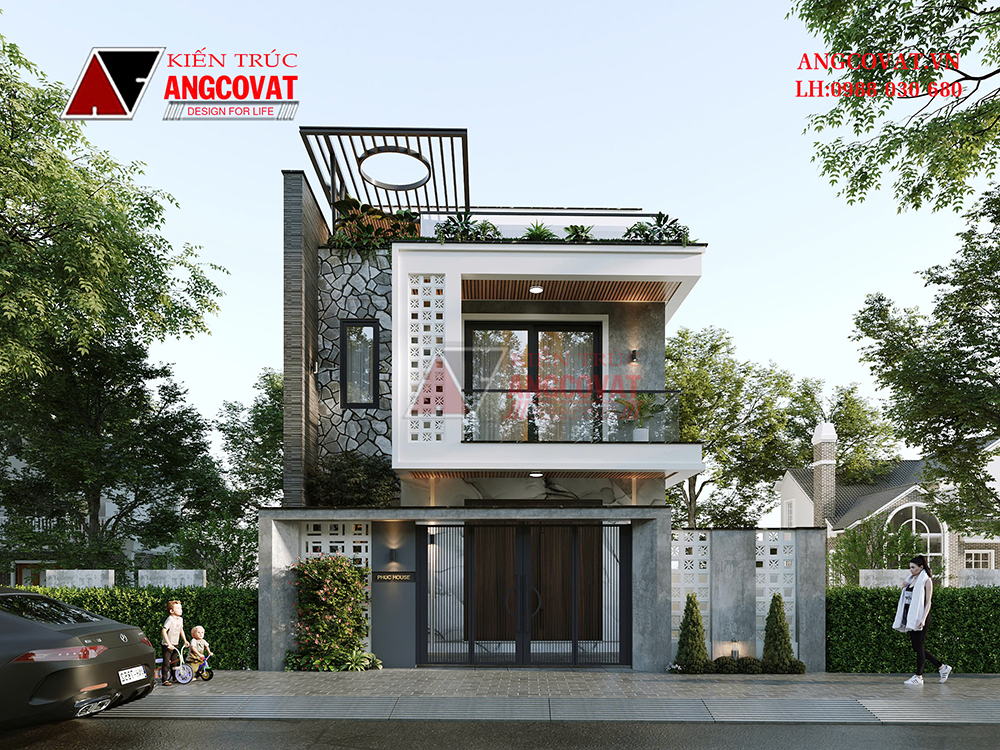 Mặt tiền ngôi nhà 3 tầng 8x15m ốp đá cao cấp hiện đại