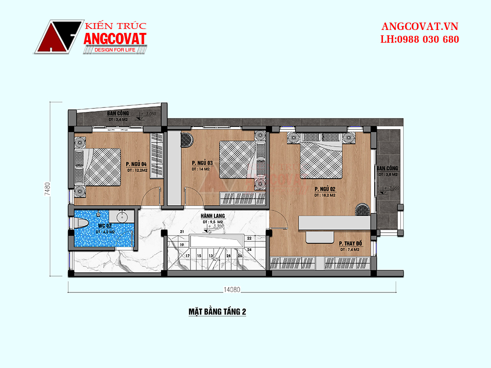 Không gian tầng 2 nhà 8x15m 3 tầng phân chia khoa học