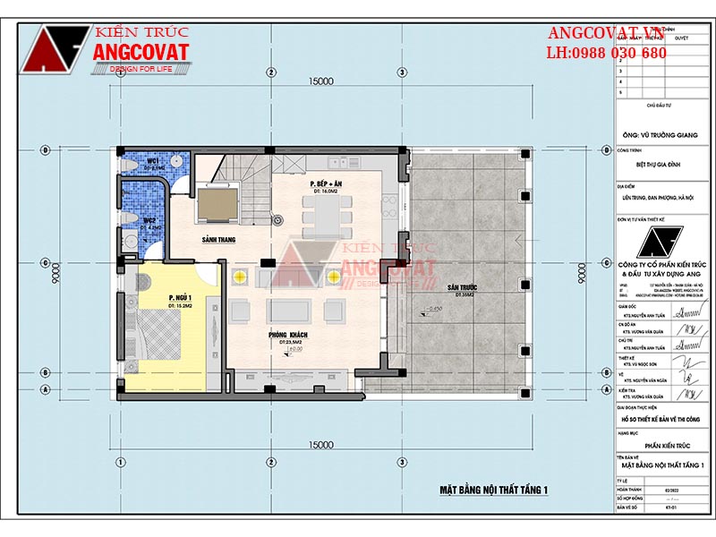 Mặt bằng nội thất tầng 1 nhà 8x15m 3 tầng tân cổ điển