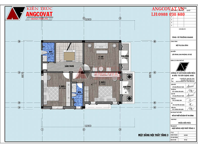 Mặt bằng nội thất tầng 3 nhà 8x15m 5 phòng ngủ tân cổ điển