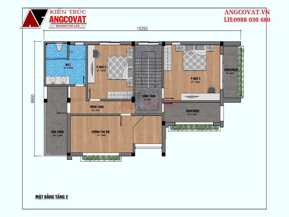 Mặt bằng công năng tầng 2 nhà 8x15m 3 tầng hiện đại