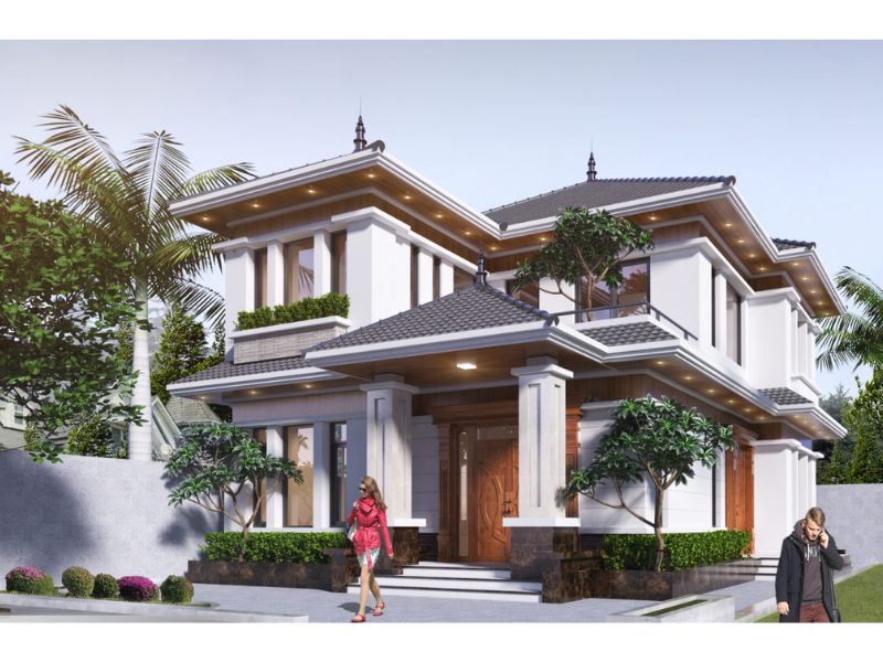 Thiết kế nhà 2 tầng mặt tiền 9m mái Nhật tăng sự bề thế và che mưa chống nắng hiệu quả