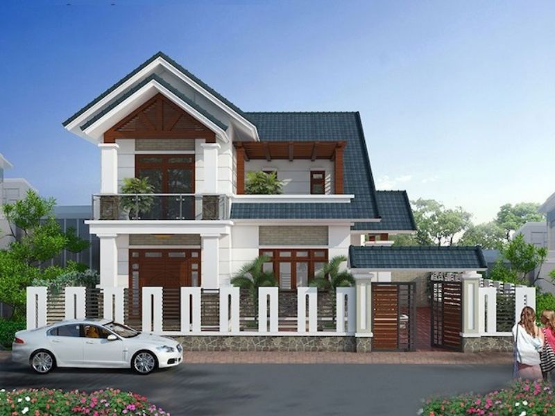 Mẫu thiết kế nhà 2 tầng mặt tiền 9m mái Thái 3 phòng ngủ 1 phòng thờ