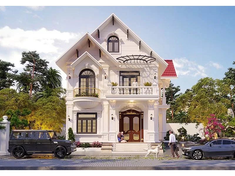 Ngoại thất sang trọng với gam màu thanh lịch của thiết kế nhà 2 tầng mặt tiền 9m
