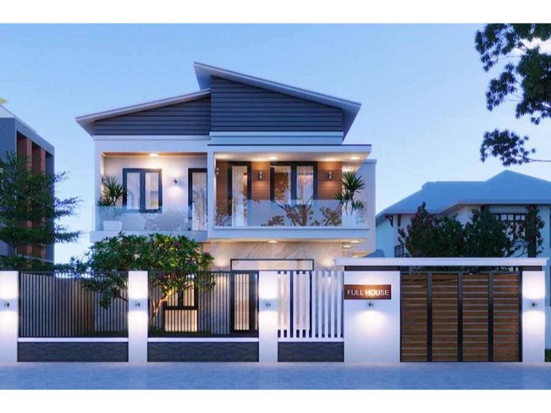 Mẫu thiết kế nhà 2 tầng mặt tiền 9m mái lệch độc đáo