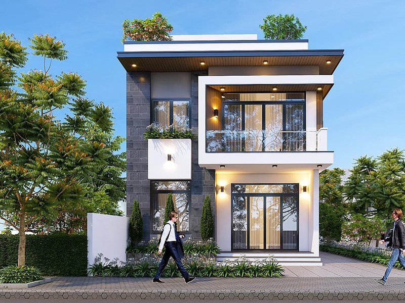 Mặt tiền mẫu nhà 2 tầng mặt tiền 9m sử dụng kính tối ưu ánh sáng tự nhiên