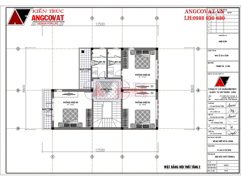 phân chia không gian nhà 2 tầng 8x12m 4 phòng ngủ mái thái