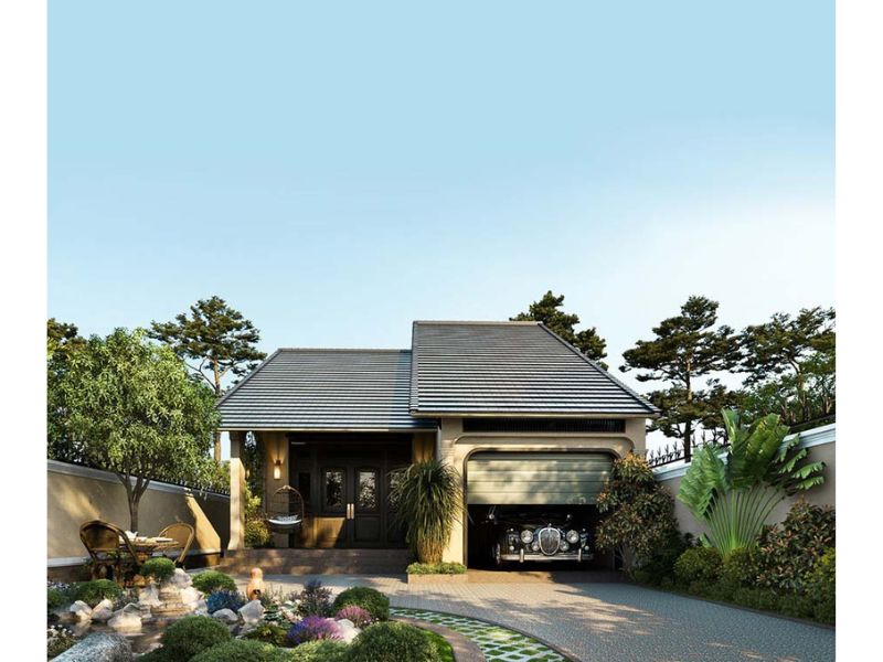 Nhà 1 tầng kiểu vườn phong cách indochine có gara để xe 