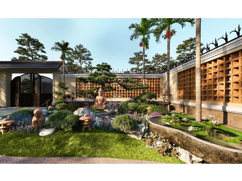 Tiểu cảnh sân vườn trước nhà bố trí đẹp mắt và xanh mát