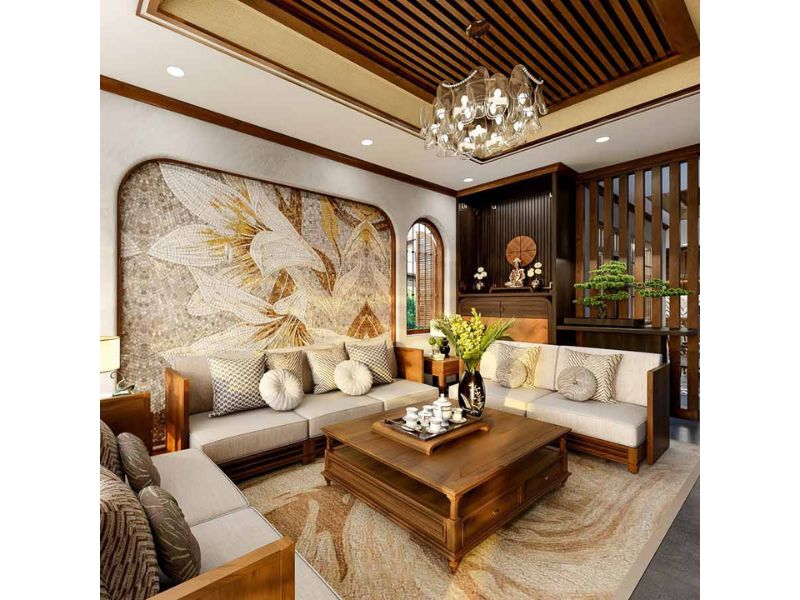 Nội thất phòng khách sử dụng vật liệu gỗ ấm áp
