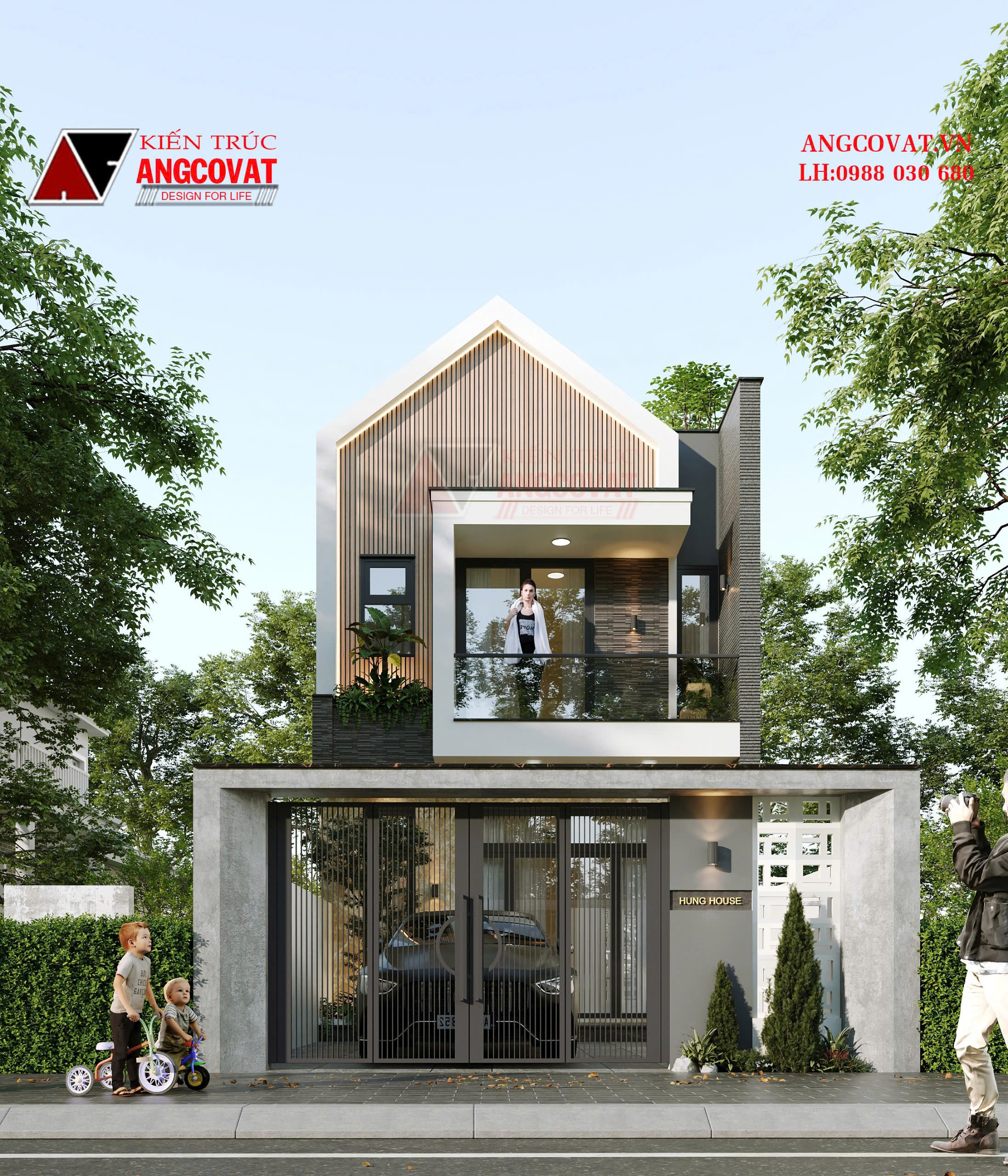 Khu vực mặt tiền thiết kế nhà phố Đà Nẵng có cảnh quan sân vườn được tận dụng làm gara