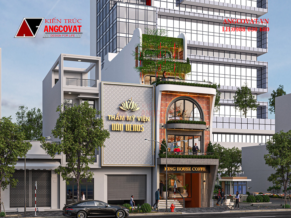Phối cảnh 3D hiện đại của mẫu nhà phố kết hợp kinh doanh cafe ở Đà Nẵng