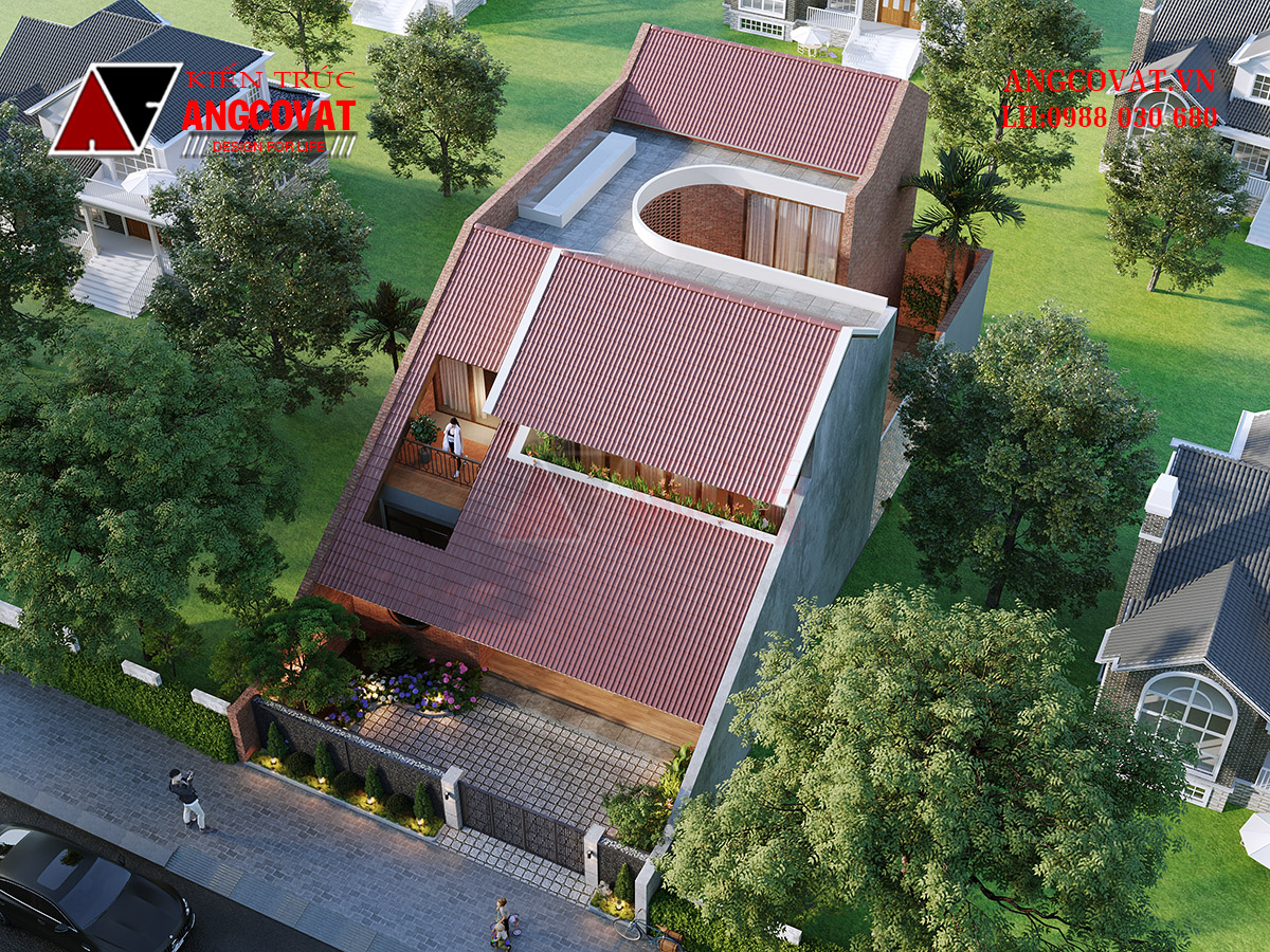 Ý tưởng thiết kế nhà phố 2 tầng tại Đà Nẵng tràn ngập cây xanh với gạch ngói đỏ truyền thống