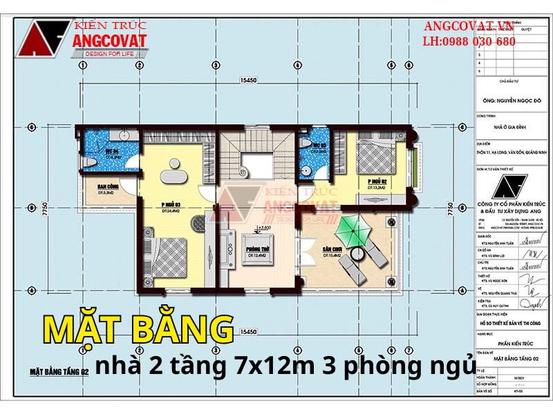 Công năng tầng 3 của mẫu nhà 2 tầng mặt tiền 7m dài 12m 3 phòng ngủ