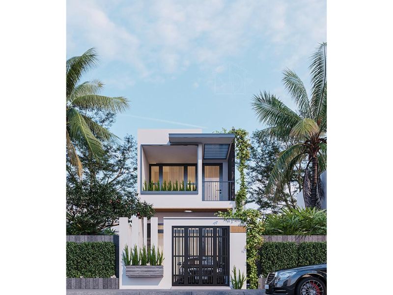 Mặt tiền mẫu nhà 2 tầng 7x12m sử dụng hình khối vuông vức linh hoạt