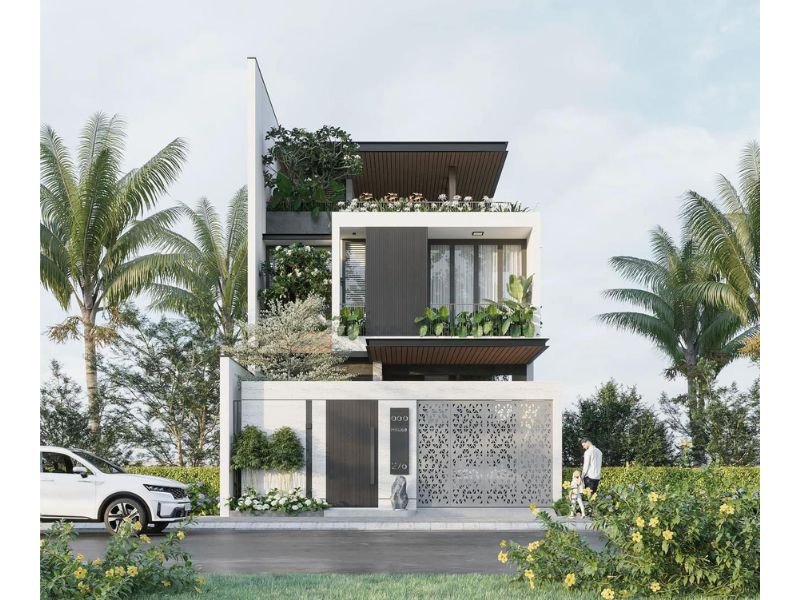 Thiết kế nhà 2 tầng 7x12m có cảnh quan thiên nhiên xanh mát