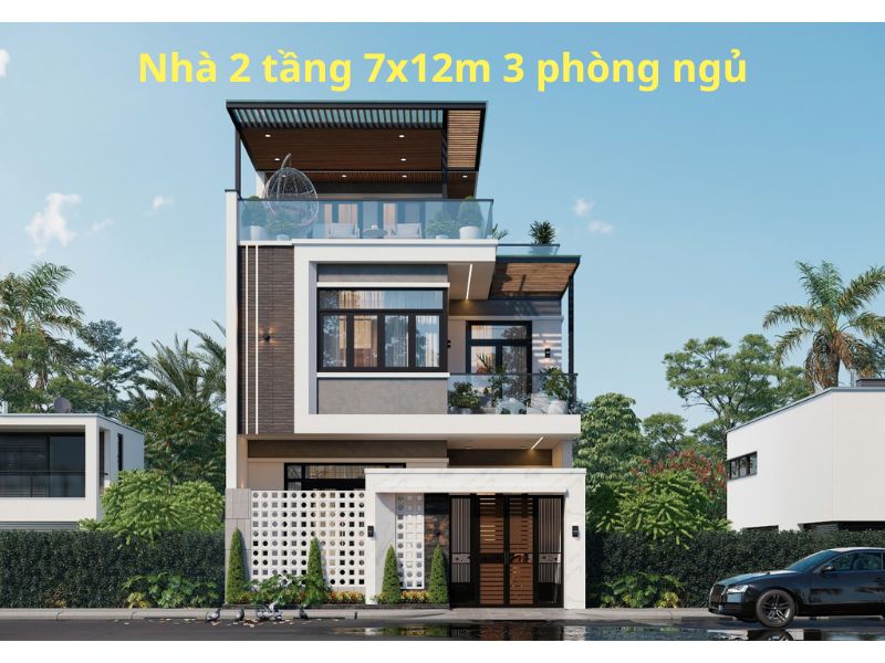 Mẫu nhà 7x12m 3 phòng ngủ 2 tầng có tum hiện đại