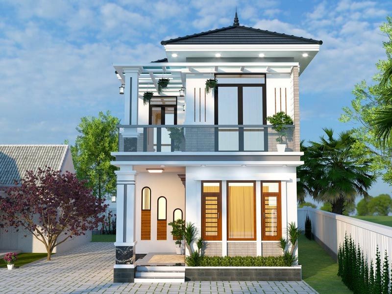Mặt tiền độc đáo và gam màu tươi sáng khi xây nhà 2 tầng 7x12m