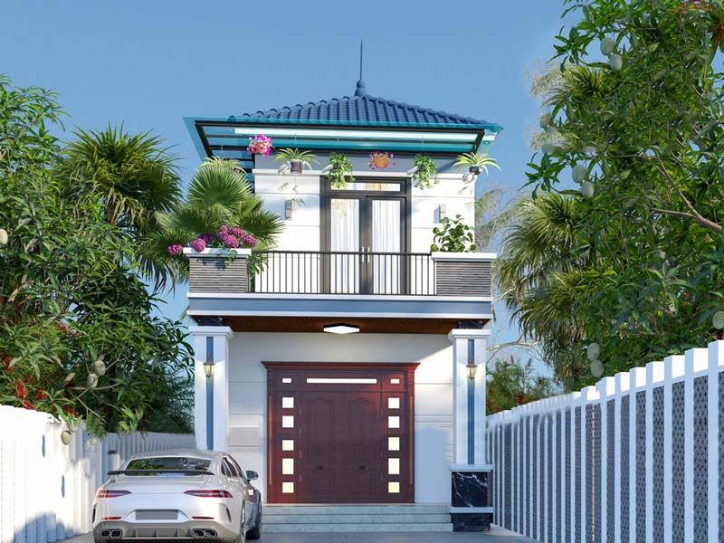 Mẫu nhà 2 tầng 7x12m với mái Nhật và gam màu trắng chủ đạo 
