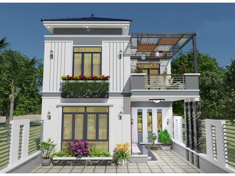 Thiết kế nhà 2 tầng chữ L thoáng đãng, gần gũi thiên nhiên
