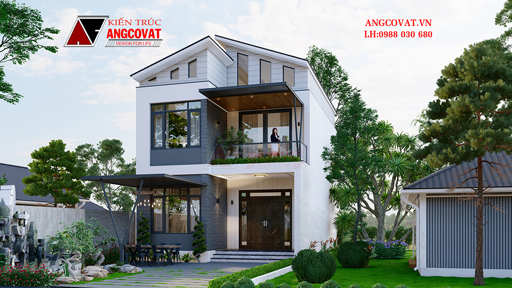 Thiết kế nhà 2 tầng 7x12m 3 phòng ngủ mái lệch độc đáo