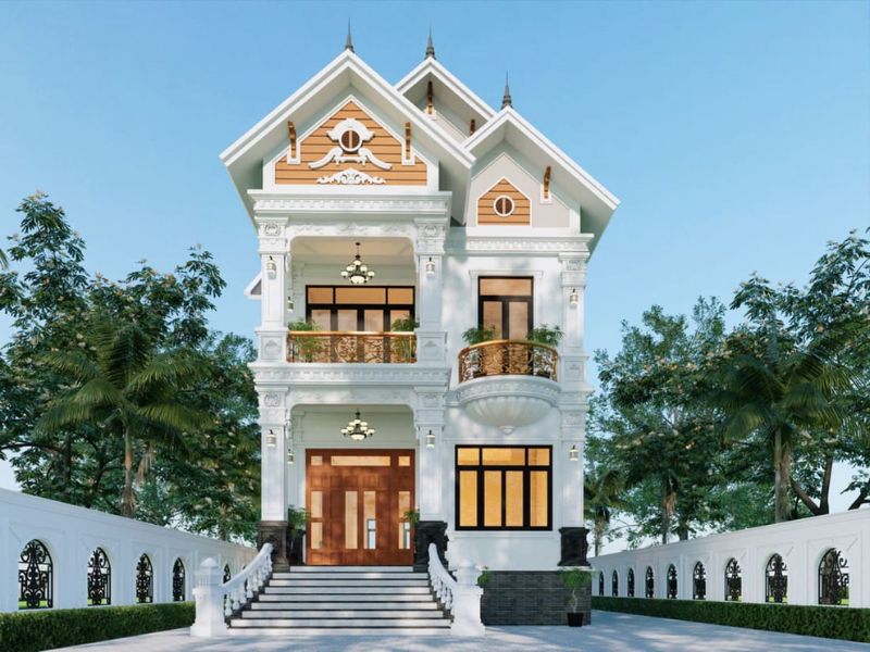 Mẫu nhà 2 tầng 7x12m 3 phòng ngủ trang trí họa tiết cổ điển sang trọng