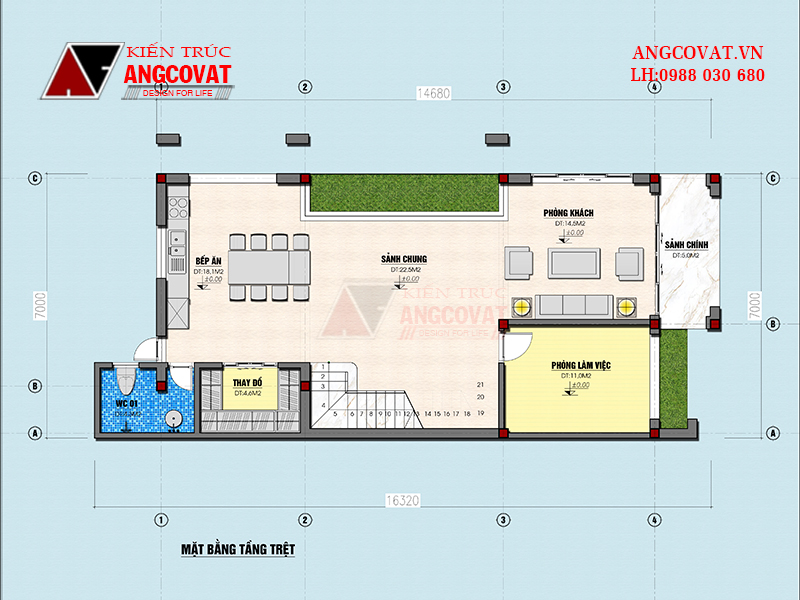 Mặt bằng tầng trệt của mẫu nhà 7x12m 3 phòng ngủ