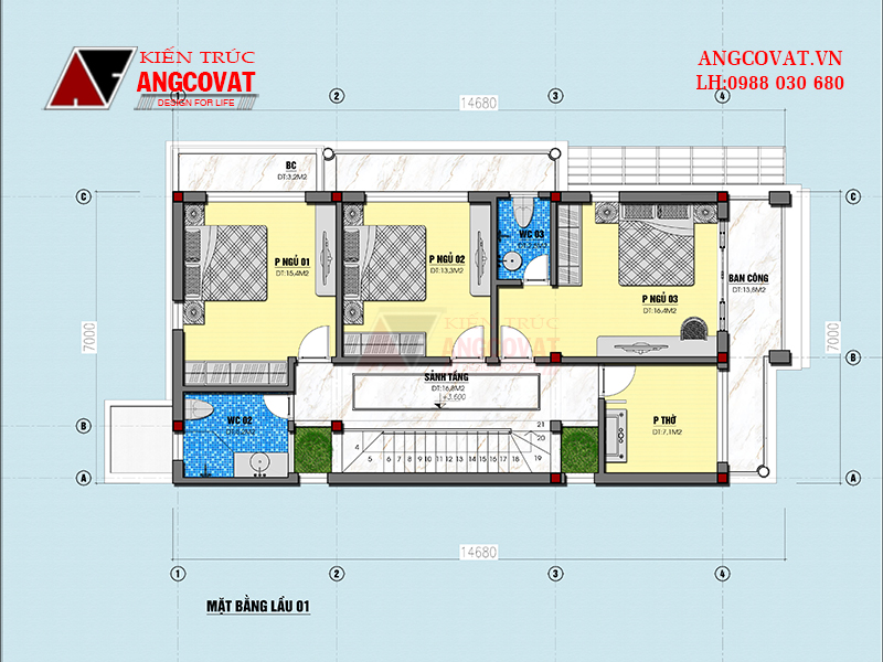 Công năng tầng 2 mẫu nhà 2 tầng 7x12m 3 phòng ngủ