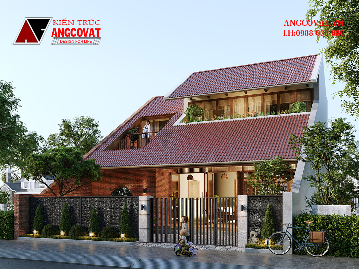 Phối cảnh 3D ngoại thất thiết kế nhà vườn 2 tầng ngói đỏ tại Đà Nẵng