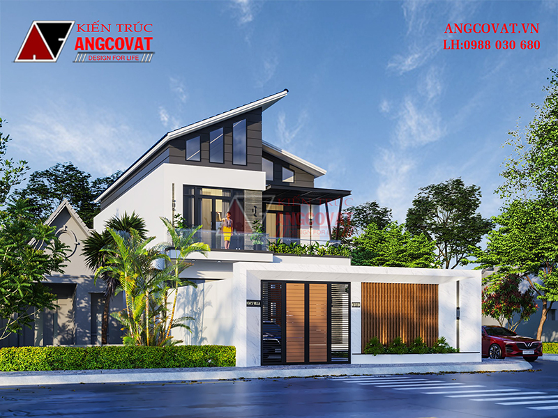 Ngoại thất ấn tượng của mẫu nhà phố 2 tầng mái lệch độc đáo tại Đà Nẵng