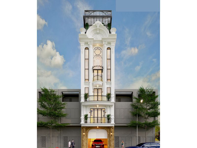 Hệ trụ cột bố trí mặt tiền nhà tân cổ kiểu Pháp tạo vẻ đẹp bề thế, sang trọng