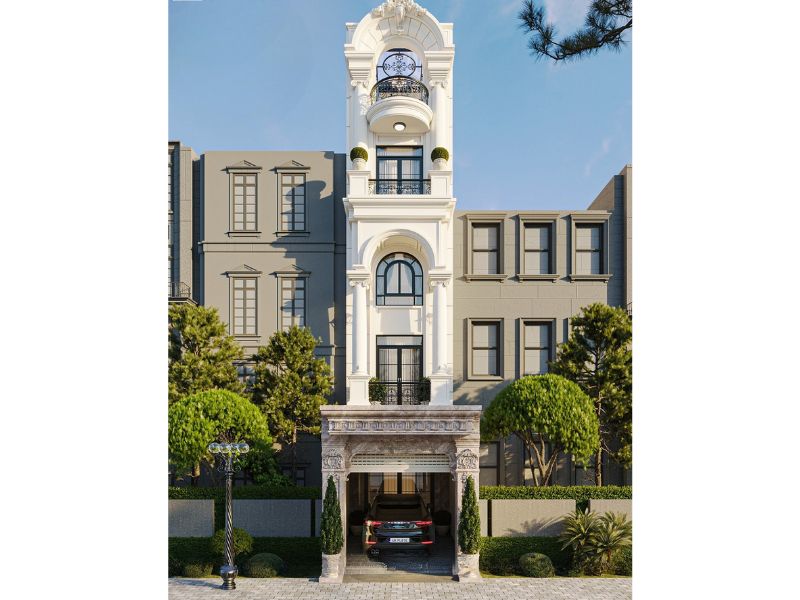 Nhà ống mặt tiền 6 5m 60m2 phong cách Pháp sơn ngoại thất trắng thanh lịch nổi bật