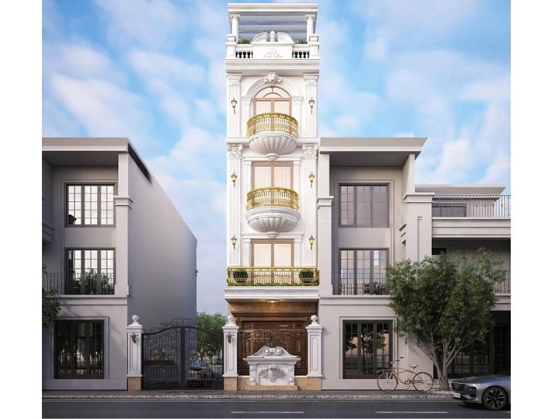 Kiến trúc cửa vòm và ban công hình sò ấn tượng trong mẫu nhà mặt tiền 6 5m tân cổ 60m2