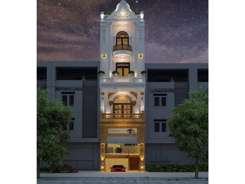 Mẫu nhà ngang 6 5m 5 tầng có mặt tiền ốp đá cao cấp 