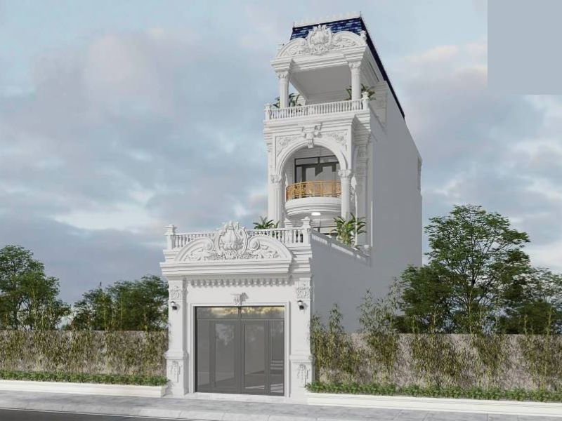 Ngoại thất nhà phố kiến trúc Pháp mặt tiền rộng 6 5m sơn trắng nổi bật 