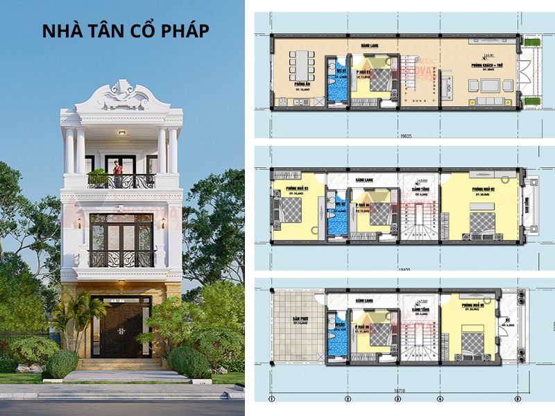 Bản vẽ mặt bằng nhà tân cổ kiểu Pháp 3 tầng