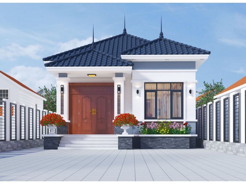 Thiết kế nhà 1 tầng 3 phòng ngủ mái Nhật tân cổ điển