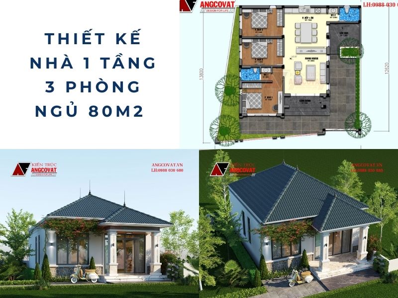 Những điểm nổi bật của thiết kế nhà 1 tầng 3 phòng ngủ 80m2 