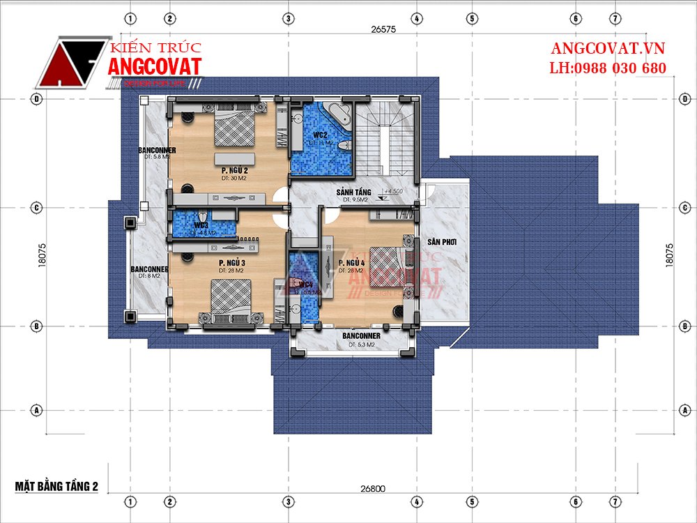 Công năng nội thất tầng 2 mẫu nhà 250m2 mái Nhật