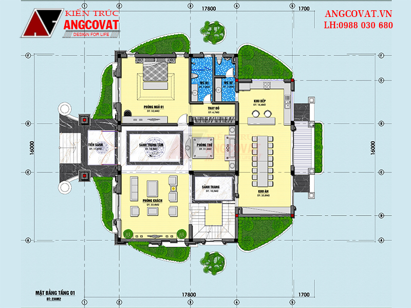 Mặt bằng tầng 1 biệt thự 250m2 2 tầng