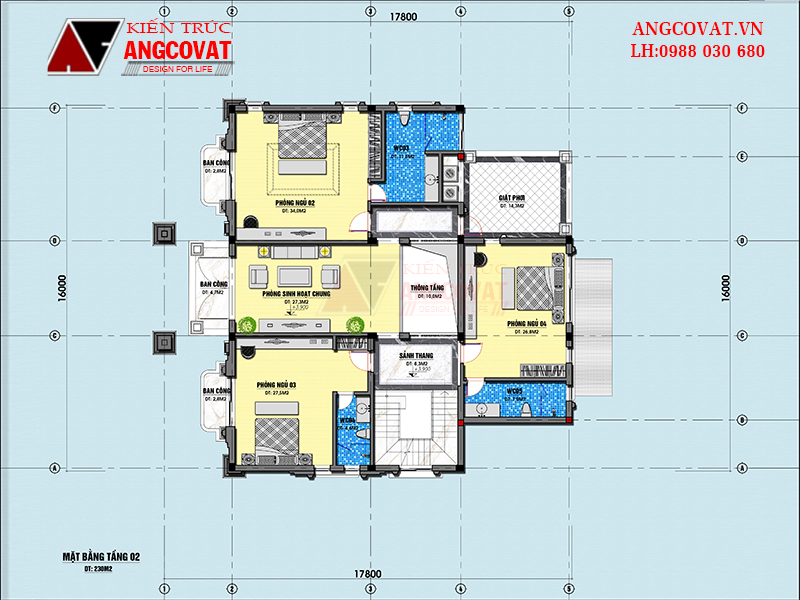 Công năng tầng 2 của mẫu nhà biệt thự 250m2 