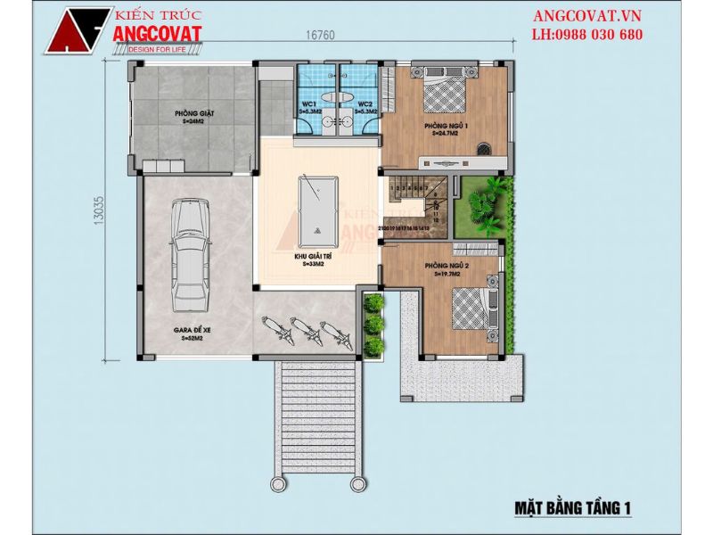 Mặt bằng biệt thự 250m2 tầng 1 tiện nghi