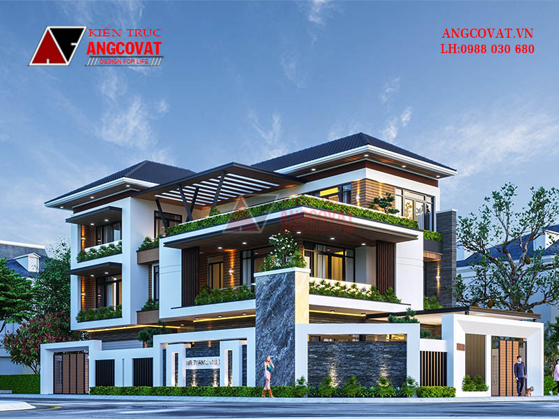 Biệt thự 250m2 3 tầng mái Nhật hiện đại 4 phòng ngủ