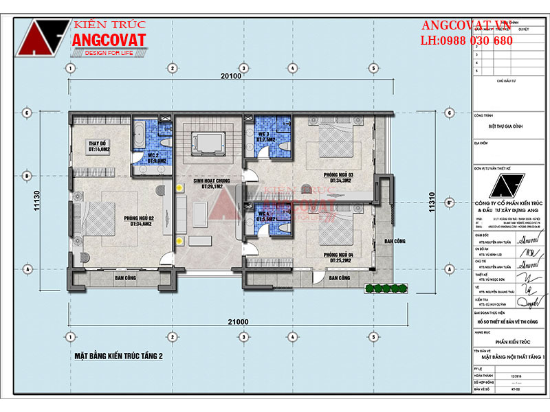 Thiết kế bố trí mặt bằng tầng 2 mẫu biệt thự 250m2 3 tầng hiện đại 