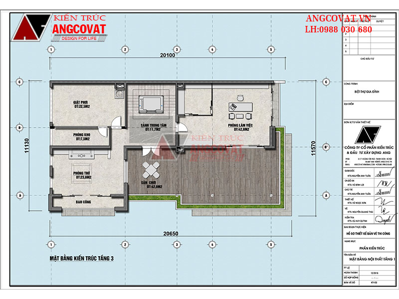 Mặt bằng biệt thự 250m2 tầng 3